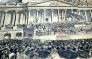 A print from Frank Leslie's Illustrated Newspaper of the first inauguration of Lincoln. (National Park Service)