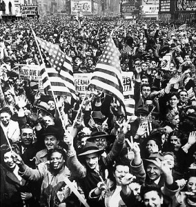 Americans in New York City jam Times Square on V-E Day.