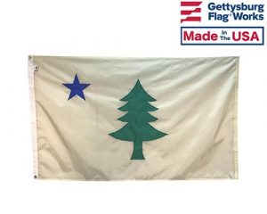 Original Maine State flag featuring a blue north star and a green pine tree on a beige background