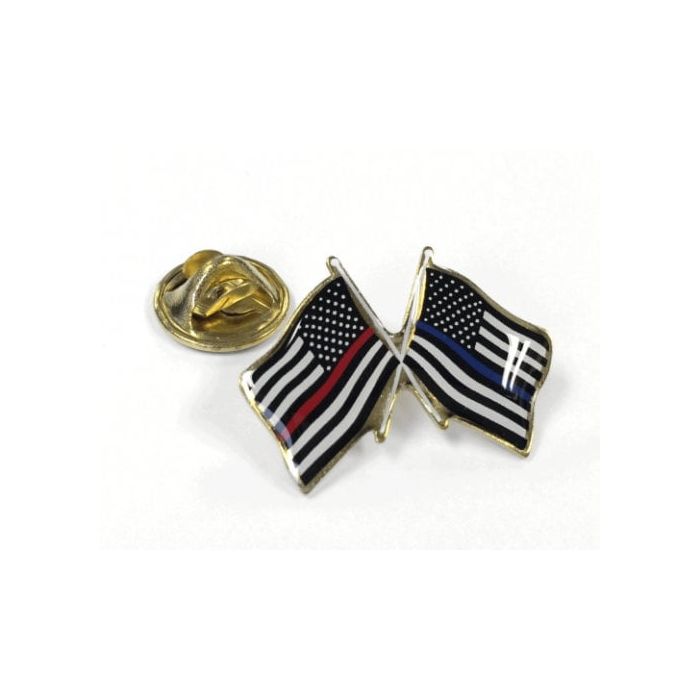 Crossed Flag Lapel Pin, Thin Red Line and Thin Blue Line Flags