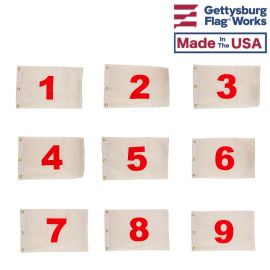 14x20" Individual Numbered Golf Flags (Red on White) - Pin Hole Number Flags 1 thru 9