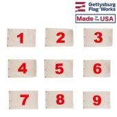 14x20" Individual Numbered Golf Flags (Red on White) - Pin Hole Number Flags 1 thru 9