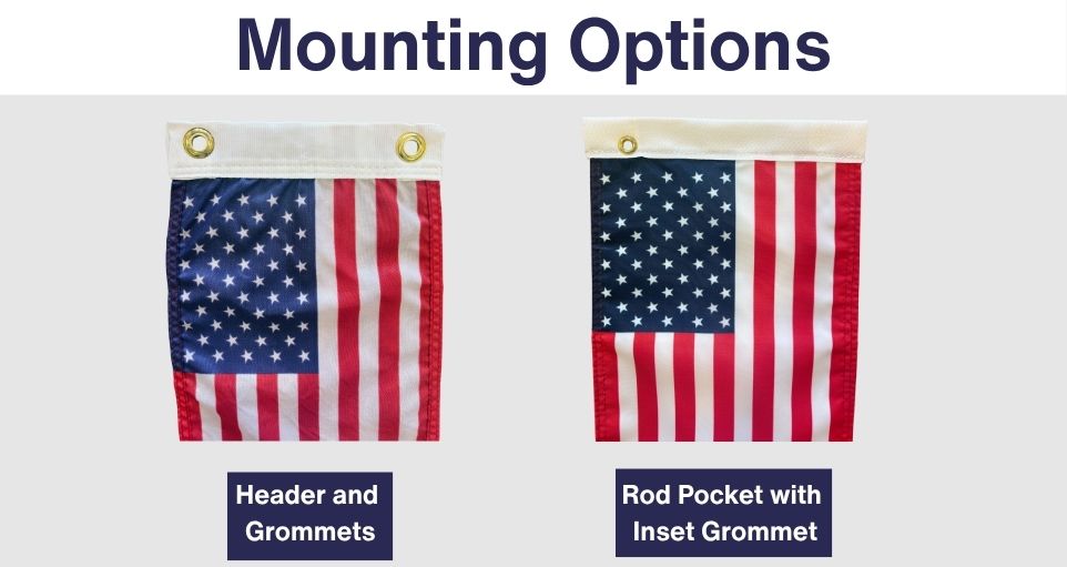 Motorcycle flag mounting options — header and grommets (left) vs. rod pocket with inset grommet (right)